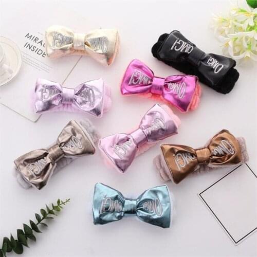OMG Headbands PU leather Women Girls Wash Face Turban Bow Knot Shape Makeup Hair Holder Hairbands Coral Fleece Hair Accessories