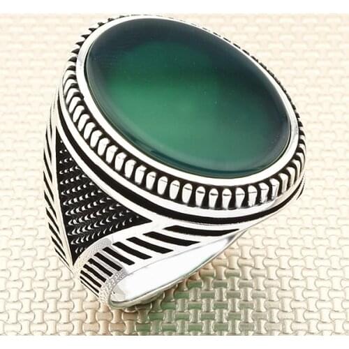 Straight Oval Green Agate Stone Men Silver Ring With Symmetrical Motif Made in Turkey Solid 925 Sterling Silver