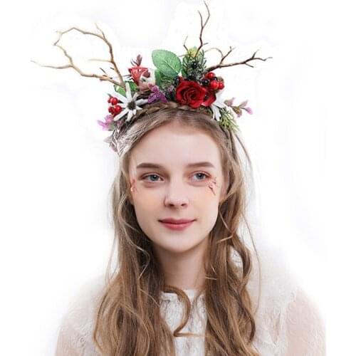 Christmas Colorful Rose Flower Headwear Wedding Bridal Fairy Reindeer Antlers Hair Hoop Cosplay Princess Festival Headdress
