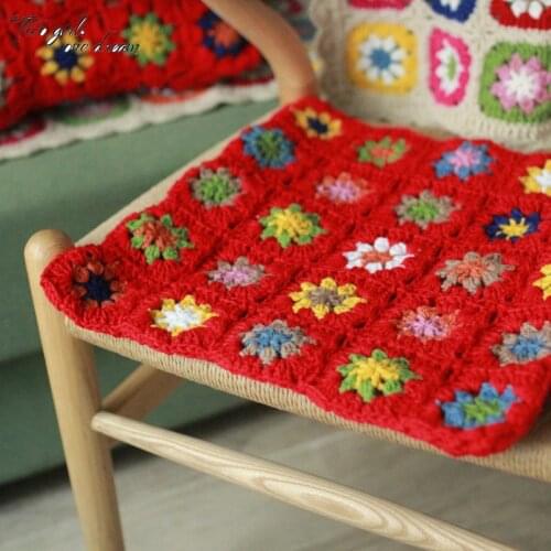 Handmade Crochet Square Chair Cushion Korean Wedding Celebration of Christmas Pastoral Seat Cushion table Mats China Red Pillow
