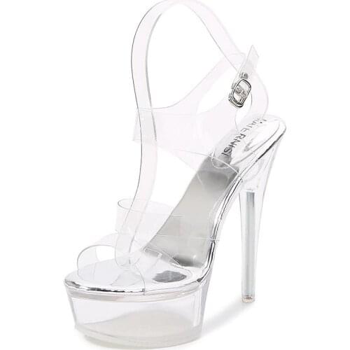 Transparent crystal Womon Sandals 14cm thin Ankle Strap Sandals Stiletto Platform Womens Banquet Woman Plus:35-42 43