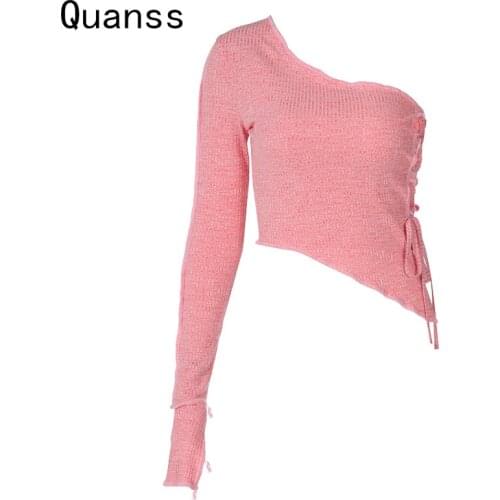 Quanss 2021 One Shoulder Long Sleeve Side Bandage Hollow Out Skew Collar Tops Women Spring Summer Pink T Shirt Sexy Club Outfits