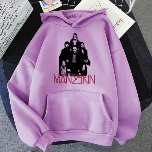 2021 Oversized Hooded Sweatshirt Maneskin Print Women Winter Kawaii Clothes Long Sleeve Tops Purple Loose Warm Pullover Coat