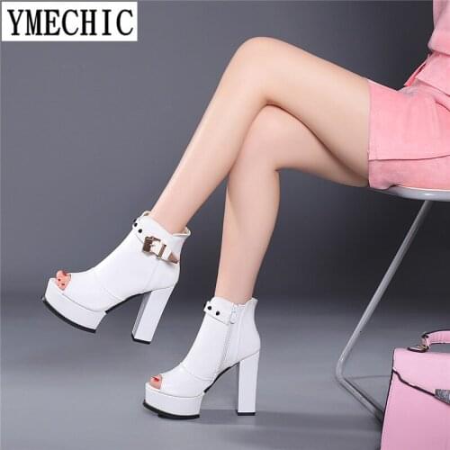 YMECHIC Ladys Ankle Strap Peep Toe Extreme High Heels Black White Chunky Heel Womens Shoes Spring Summer Short Boots Party 2018