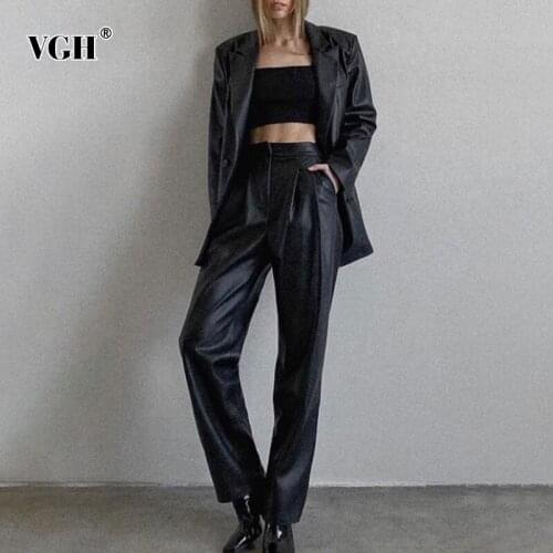 VGH Casual Black Two Piece Set For Female Lapel Long Sleeve Loose Jacket High Waist Fold Pleated Trouser 2021 Womens Pant Suits
