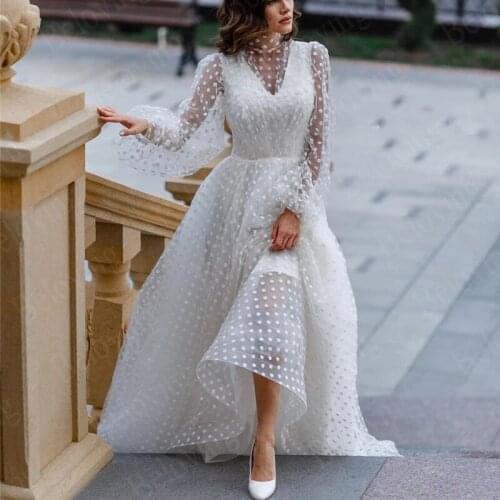 New Romantic Dot Tulle Boho Wedding Dresses A Line High-neck 2021 Vestidos Puff Sleeves Bride Dresses Elegant Beach Bridal Gowns