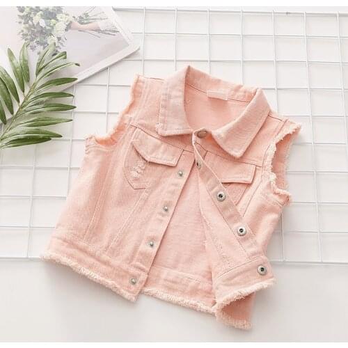 Children Vests 2021 Spring New Toddler Girls Casual Lapel Denim Vest Kids Fashion Hole Buttons Cardigan Waistcoats Girls Clothes