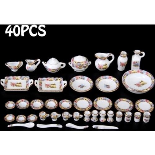 40Pcs 1:12 Dollhouse Miniature Tableware Porcelain Ceramic Tea Cup Dishes Set Simulation Kitchen Toys