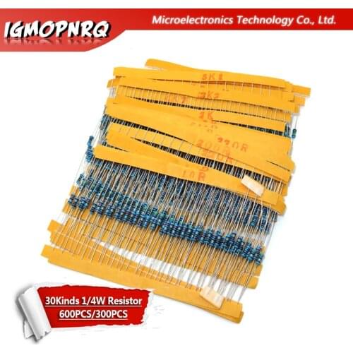 600pcs/set 30 Kinds 1/4W Resistance 1% Metal Film Resistor Pack Assorted Kit 1K 10K 100K 200K 220 ohm 1M Resistors 300pcs/set
