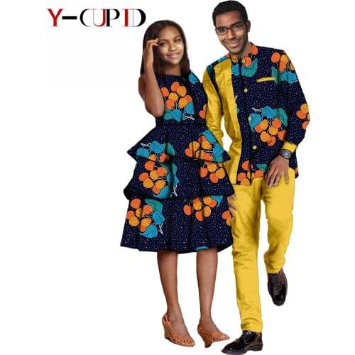 African Clothes for Couples Women Ankara Print Mulit Layer Dresses Matching Men Outfits Shirt and Pants 2 Pieces Sets Y21C006