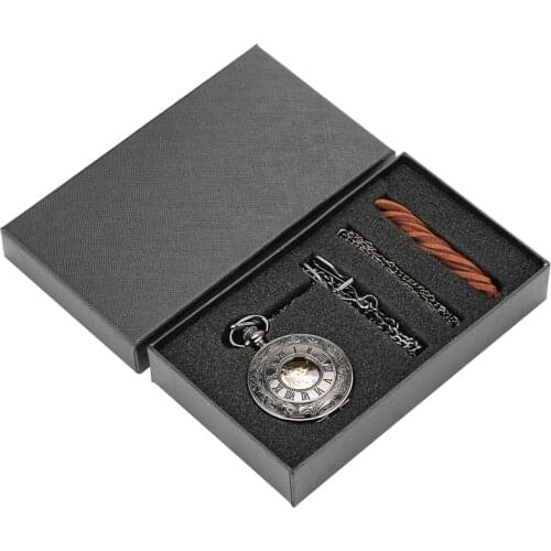 Vintage Roman Numerals Steampunk Mechanical Pocket Watch Chain Necklace Hand Winding Clock Antique Gifts Box Sets for Men Women