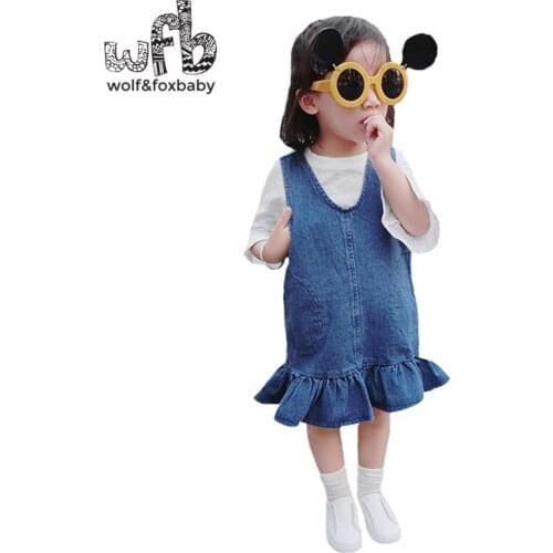 Retail 2-8 years dress Denim ruffles solid color dress kids children spring autumn fall