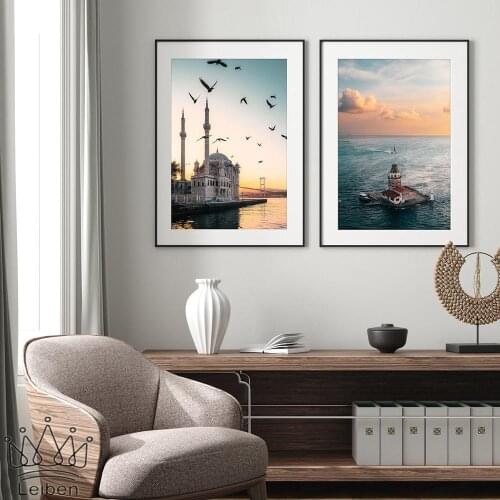 Istanbul Turkey Landscape Canvas Painting Mosque Seaside Sunrise Art Poster Nordic Modern Pictures Home Decoration Living Room