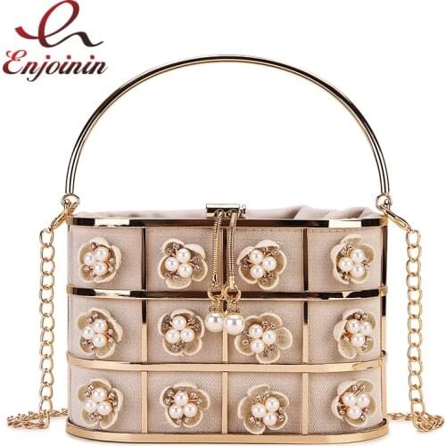 Flower Pearl Evening Bag Women Luxury Designer Handmade Metal Basket Cage Rhinestone Clutch Purse Handbag Wedding Party Purses