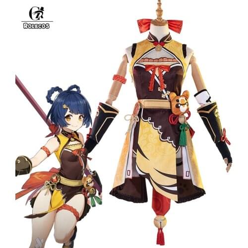 ROLECOS Genshin Impact Xiangling Cosplay Costume Game Genshin Impact Cosplay Xiangling Outfit Sexy Dress Women Costume