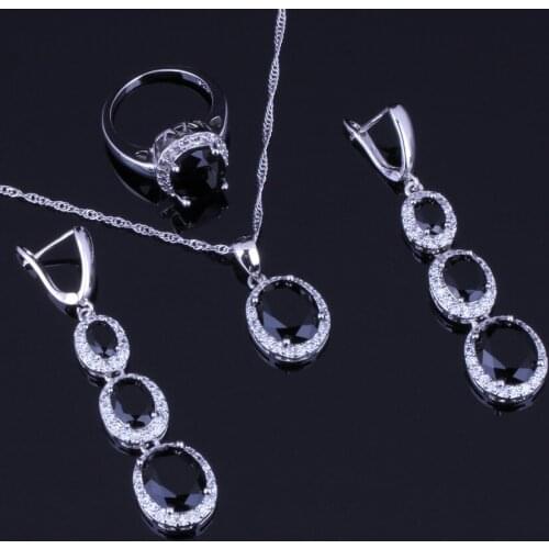 Good-looking Oval Black Cubic Zirconia White CZ Silver Plated Jewelry Sets Earrings Pendant Chain Ring V0036