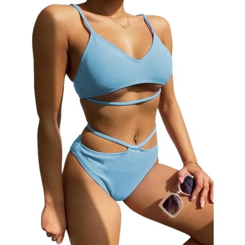Summer Purple/Sky Blue Female Bikini Set Solid Color Two-Piece Bathing Suit V-Neck Sleeveless Crop Tops And Bikini Panties