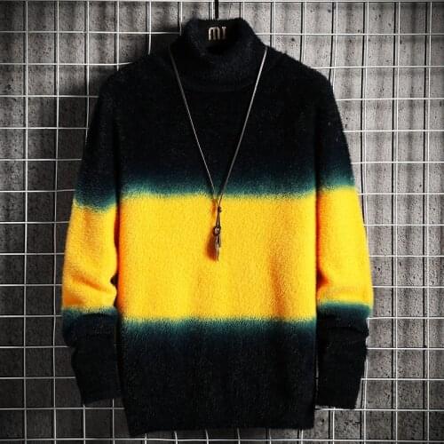 2020 Mens New Style for Faux Mink Fleece Sweater Youth Fashion Gradient Turtleneck Long-Sleeved Pullover Sweater
