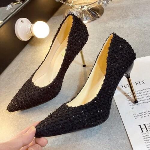 2021 New Shallow Mouth Pointed Toe Flock Thin Heels High Heels Spring/Autumn Fashion Wedding Party Ladies Dress Shoes Pumps