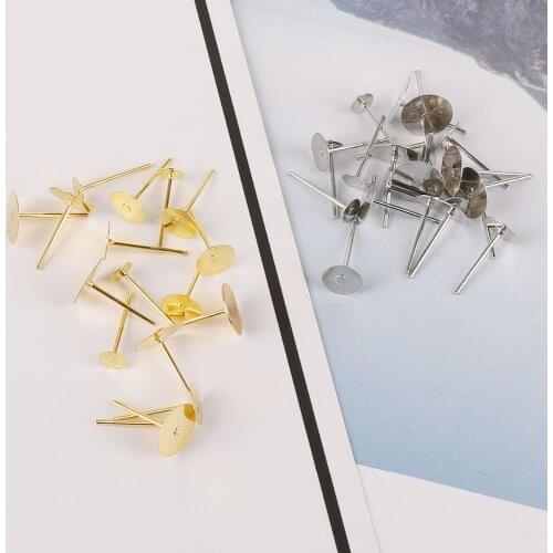 100pcs Metal Blank Earring Stud Base Fit 4/6/8mm Gold Earring Post Flat Base Pins Settings DIY Jewelry Making