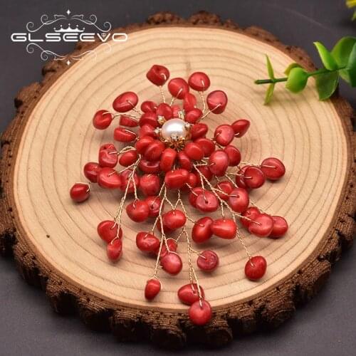 GLSEEVO Natural Coral Luxury Brooch Woman Pearl Wedding Party Birthday Gift Accessories Female Brooch Jewelry GO0384