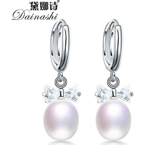 Dainashi 100% Genuine Natural Freshwater Oval Pearl Earrings 925 Sterling Silver Bow-knot Drop Earrings for Women Fine Jewelry