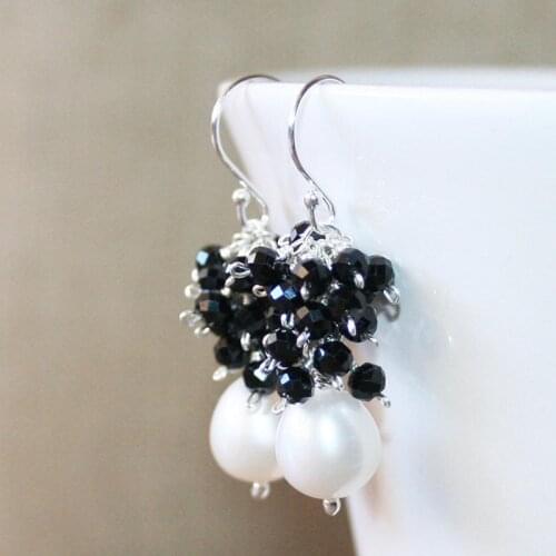 Black Onyx Cluster and White Pearl Dangle Earrings, Sterling Silver, Black and White Piano Earrings