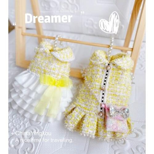 Handmade Lemon Yellow Tweed Dog Clothes Pet Coat Princess Dress Outfit Cake Skirt Classic Style Chain Bag Accessories 3 Choice