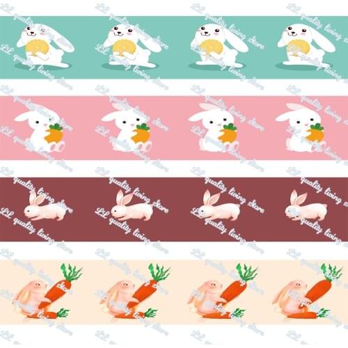 WL Little White Rabbit Eats Carrot Printed Grosgrain Ribbon Gift Wrapping Hair Accessories Christmas Diy Sewing Animal Collar