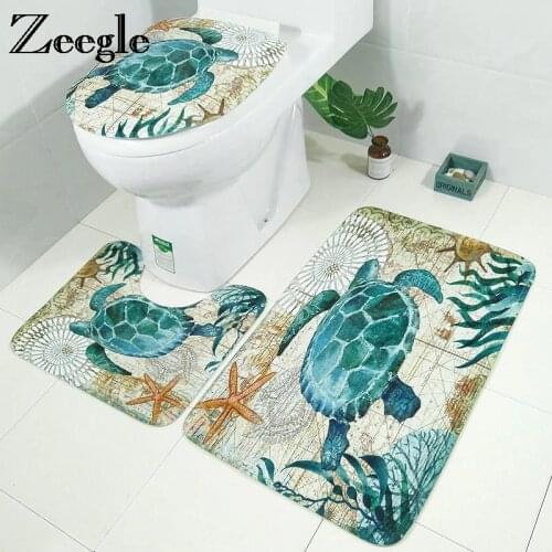Zeegle Turtle Octopus Printed 3pcs Bath Mat Set Anti-slip Bathroom Floor Mats Toilet Rugs Washable Bathroom Carpets Set Bath Rug