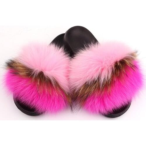 Fur Slippers 2021 New Fashion Real Fox Fur Flat Sandals Fluffy Comfort Slides Women Anti-slip Flip flops