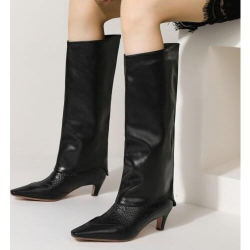 2021 Fashion Splicing Women Knee High Boots Square Toe Slip On Low Heel Westren Boots Ladies Autumn Winter Faux Leather Boots