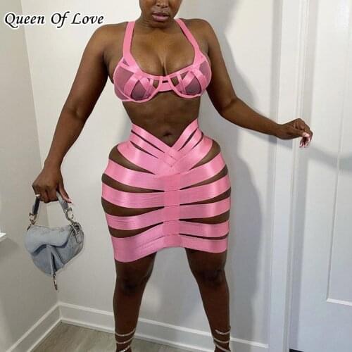 2 Piece Women Bra And Skirt Matching Set 2021 Summer Fashion Sexy Club Party Lace Up Bandage Hollow Out Skirts Sets Outfits Y2k