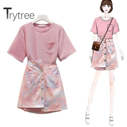 Trytree 2020 Summer Women Two Piece Set Casual O-neck Solid Pockets Loose Tops + Skirt Mini Irregular Button Set 2 Piece Set