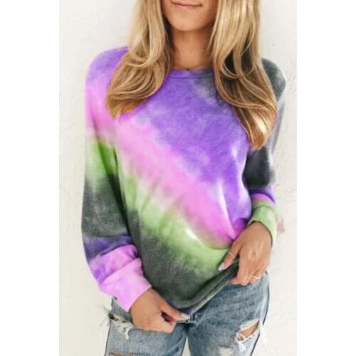 Womens Fashion O-neck Long Sleeve Gradient Color Loose Casual Women Pullover Long Tops T-shirt Plus Size