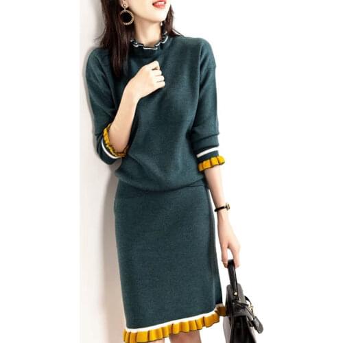 Women Office Knitted Skirt Suit 2021 Spring Lady Solid Color Sweater Top + Ruffles Midi Skirts Sets Two Pieces Set Y302