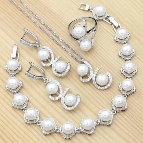 925 Silver Jewelry White Pearl Cubic Zirconia Jewelry Set For Women Wedding Pearl Bracelet Earrings Ring Pendant Necklace