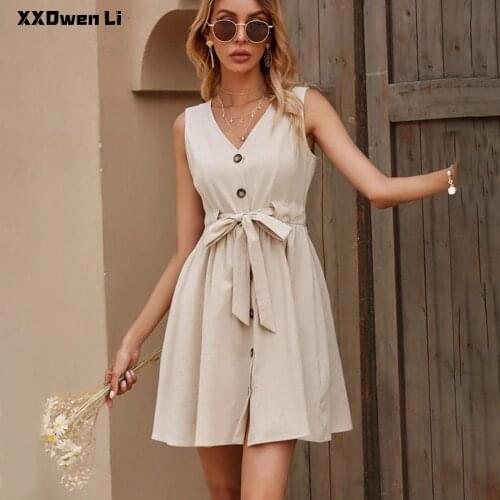 Summer Woman Casual V Neck Button Belt Tank Mini Dress 2021 Office Lady Party Vintage Elegant Dresses For Women Robe Femme