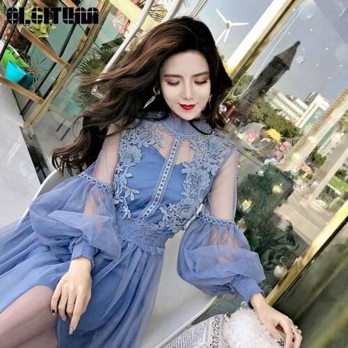 New 2020 Spring Summer Women Dress Korean Version of the Lantern Long-Sleeved Waist Mesh Gauze Stand Flower Dress DR822