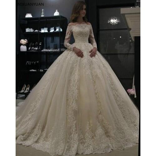 Princess Wedding Dresses Off The Shoulder Long Sleeve Lace Bride Dresses Zipper Back Wedding Ball Gown Vestido De Novia