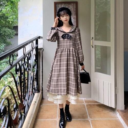 Girly Plaid Vintage Victorian Long Sleeve Bow Ruffles Princess Dress Japanese Gothic Lolita Dress Women Sweet Tea Party Dress