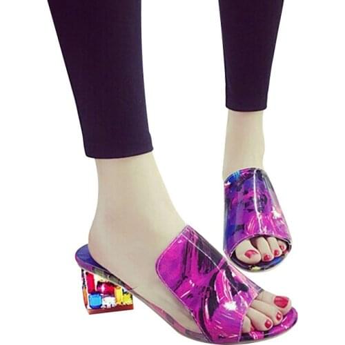 2020 Crystal High Heel Woman Shoes Peep Toe Rhinestone Slippers Flip Flops Woman Square Heel Sandals Lady Sexy Slippers Footwear