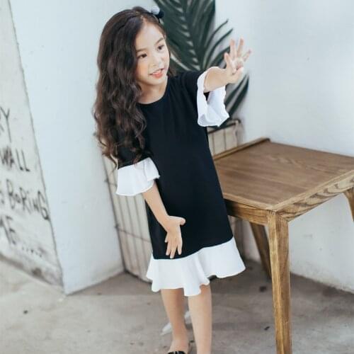 2018 Summer Girls Dress Cotton Teenager Children Clothing Princess Girl Flare Sleeve Black White Patchwork Dress Kids Clothes