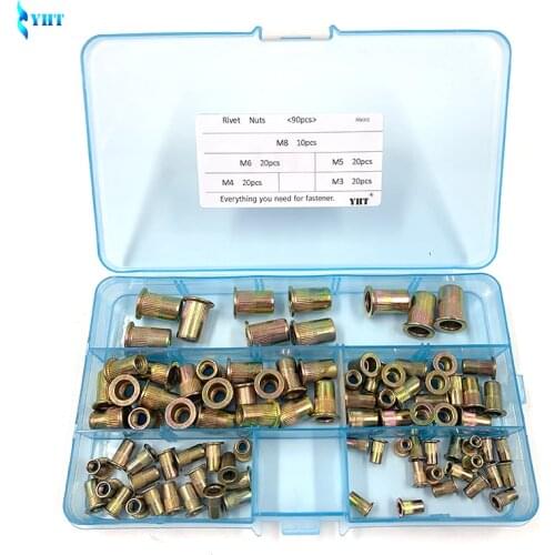 90Pcs/set M3 M4 M5 M6 M8 Zinc Plated Knurled Nuts Rivnut Flat Head Threaded Rivet Insert Nutsert Cap Rivet Nut Assortment RN001