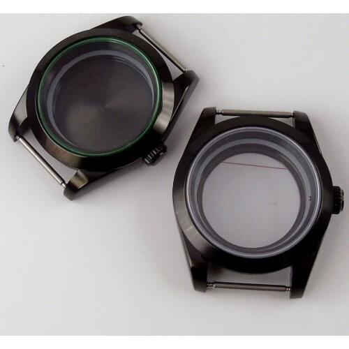 Black 39mm Polished PVD Watch Case Flat Sapphire Glass for NH35 NH36 Movement Seeing / Mental Back Screw Crown