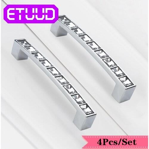 ETUUD 4Pcs Modern Crystal Kitchen Cabinet Handle Drawer Furniture Pulls 64/96/128mm Hole Dresser Pulls Knob Hardware for Home