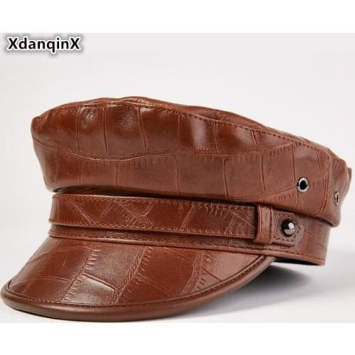 XdanqinX Autumn Mens Flat Cap Genuine Leather Hats Womens Army Military Hat Elegant Fashion Sheepskin Leather Caps Couple Hat