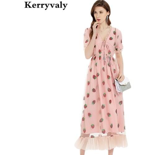 Summer Pink Gauze Strawberry Sequins Beach Dress Ropa Mujer Verano 2021 Ruffled Lace Short-Sleeved V-neck Holiday Dress K9803