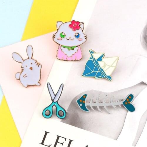 Fashion Metal Enamel Lapel Pins Cute Rabbit Cat Scissors Fish Bones Iceberg Brooches Bag Clothes Cartoon Badge Jewelry For Women