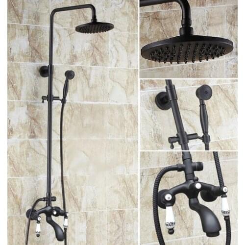 Black Oil Rubbed Brass Wall Mount 8" Rain Bathroom Rainfall Shower Faucet Set with Hand Spray Shower Head Tub Mixer Tap 2hg135